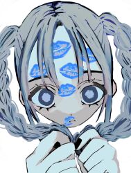 Rule 34 | 1girl, black nails, braid, bright pupils, grey eyes, grey hair, highres, holding own hair, lipstick mark, lipstick mark on face, long hair, looking at viewer, nail polish, original, own hands together, parted lips, portrait, simple background, solo, twin braids, urokogaran, white background