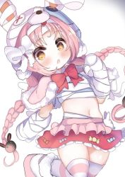 Rule 34 | 1girl, animal ears, animal hat, bandaged hand, bandages, blush, boots, bow, braid, brown eyes, button eyes, buttons, capelet, commentary request, fake animal ears, frilled skirt, frills, fur-trimmed boots, fur-trimmed capelet, fur trim, hair bow, hair ornament, hat, long hair, looking at viewer, low twintails, mimi (halloween) (princess connect!), mimi (princess connect!), navel, parted lips, pink capelet, pink footwear, pink hair, princess connect!, rabbit ears, rabbit hair ornament, rabbit hat, red bow, red skirt, simple background, skirt, solo, standing, standing on one leg, striped clothes, striped thighhighs, thighhighs, twin braids, twintails, very long hair, white background, white bow, yinpa (wanone500511)