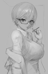 Rule 34 | 1girl, breasts, ear piercing, eyelashes, glasses, greyscale, highres, hiragana oufu, jewelry, large breasts, looking at viewer, monochrome, original, piercing, shirt, short hair, sketch, smoking, solo, standing, sweater