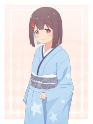Rule 34 | 1girl, blue hair, blue kimono, blunt bangs, blunt ends, brown eyes, brown hair, colored inner hair, commentary, furisode, hair ornament, hairclip, highres, hozuki momiji, japanese clothes, k-d, kimono, leaf hair ornament, light blush, long sleeves, looking at viewer, multicolored hair, obi, onii-chan wa oshimai!, pink background, print kimono, sash, short hair, simple background, smile, solo, star (symbol), star print, two-tone hair, wide sleeves