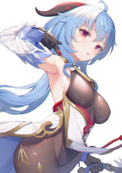 Rule 34 | 1girl, ahoge, alexmaster, arm up, armpits, bare shoulders, black gloves, black leotard, blue hair, bow (weapon), breasts, brown pantyhose, cowbell, cowboy shot, detached sleeves, ganyu (genshin impact), genshin impact, gloves, goat horns, gold trim, groin, highleg, highleg leotard, holding, holding bow (weapon), holding weapon, horns, leotard, long hair, long sleeves, looking at viewer, low ponytail, medium breasts, pantyhose, parted lips, pelvic curtain, pink eyes, simple background, solo, standing, weapon, white background