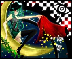 Rule 34 | 1girl, bad id, bad pixiv id, blue eyes, boots, cape, card, checkered background, crescent, crescent moon, floating card, hat, hatsune miku, heterochromia, high heels, long hair, minky-momo, moon, necktie, red eyes, saku (pixiv1577611), shoes, skirt, smile, solo, thigh boots, thighhighs, vocaloid