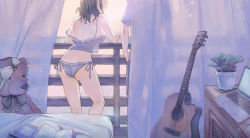 Rule 34 | 1boy, 1girl, ass, babydoll, back, balcony, bed, bedroom, book, bra, unworn bra, caicai (cafacaicai), camisole, computer, curtains, desk, frilled panties, frills, from behind, guitar, hand in pocket, head out of frame, indoors, instrument, laptop, looking at another, open book, original, panties, plant, potted plant, railing, shirt, short hair, shorts, side-tie panties, smile, solo focus, spaghetti strap, strap slip, stuffed animal, stuffed toy, teddy bear, underwear, underwear only, wavy hair