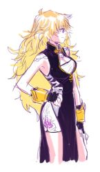 Rule 34 | 1girl, alternate costume, bad id, bad twitter id, blonde hair, breasts, china dress, chinese clothes, cleavage, dress, ember celica (rwby), mugupo, purple eyes, rwby, solo, yang xiao long