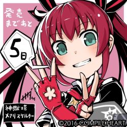 Rule 34 | 1girl, 2016, armband, blush, company name, copyright name, countdown, finger counting, fingerless gloves, gloves, green eyes, grin, looking at viewer, mary skelter, nanameda kei, official art, oyayubihime (mary skelter), pink hair, smile, solo, teeth, twintails, v