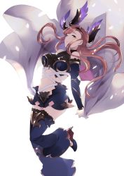 Rule 34 | 1girl, asymmetrical hair, bare shoulders, bell-bottoms, brown hair, detached pants, detached sleeves, feather hair ornament, feathers, gloves, granblue fantasy, green eyes, hair ornament, hairband, high heels, highres, long hair, looking at viewer, midriff, miniskirt, navel, nozomu144, pants, simple background, skirt, smile, solo, tweyen (granblue fantasy), white background