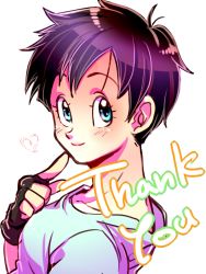 Rule 34 | 1girl, black hair, blue eyes, dragon ball, english text, finger to cheek, fingerless gloves, gloves, happy, heart, looking at viewer, looking back, ochanoko (get9-sac), shirt, short hair, simple background, smile, solo, solo focus, text focus, videl, white background, white shirt
