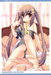 Rule 34 | 1girl, absurdres, barefoot, bed, brown eyes, brown hair, cameltoe, clothes pull, feet, hair ornament, hairpin, heart, heart-shaped pillow, highres, inugahora an, legs, long hair, mouth hold, one-piece swimsuit, one-piece swimsuit pull, open clothes, open shirt, pillow, ribbon, ribbon in mouth, scan, shirt, sitting, soles, solo, swimsuit, toes, undressing, very long hair