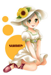 Rule 34 | 1girl, bad id, bad pixiv id, character name, dress, flower, green eyes, hat, metal gear (series), metal gear solid 4: guns of the patriots, namaniku, silver hair, sitting, smile, solo, sun hat, sundress, sunflower, sunny emmerich, wariza