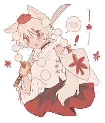 Rule 34 | !, 1girl, animal ears, ant, bare shoulders, black skirt, blush stickers, breasts, bug, cropped torso, cross-laced clothes, detached sleeves, hair between eyes, hat, holding, holding shield, holding sword, holding weapon, insect, inubashiri momiji, leaf, leaf print, looking at viewer, maple leaf, medium breasts, parted lips, pom pom (clothes), rbfnrbf (mandarin), red eyes, red hat, red skirt, ribbon-trimmed sleeves, ribbon trim, shield, short hair, simple background, skirt, solo, spoken animal, sword, tail, tokin hat, touhou, two-tone skirt, upper body, v-shaped eyebrows, weapon, white background, white hair, wolf ears, wolf tail