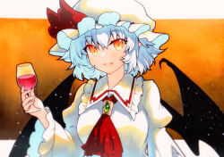 Rule 34 | 1girl, ascot, bat wings, collared shirt, cup, drinking glass, frilled shirt collar, frilled sleeves, frills, hat, highres, light purple hair, mob cap, qqqrinkappp, red ascot, red eyes, remilia scarlet, shirt, short hair, slit pupils, solo, touhou, traditional media, white hat, white shirt, wine glass, wings