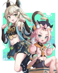 Rule 34 | 2girls, :3, :d, ahoge, animal ear fluff, animal ears, aqua eyes, bare shoulders, black shirt, black shorts, blonde hair, cat ears, cat tail, child, claw pose, commentary request, crop top, diona (genshin impact), feet out of frame, genshin impact, gloves, green eyes, highres, kirara (genshin impact), long hair, looking at viewer, midriff, multiple girls, multiple tails, navel, open mouth, pink hair, pink shirt, ryan (ritenichi), shirt, shorts, sitting, smile, stomach, tail, two tails, white gloves