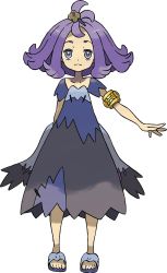 1girl, :3, acerola (pokemon), arm behind back, armlet, bangs, closed mouth, collarbone, creatures (company), dress, elite four, eyelashes, full body, game freak, grey eyes, hair ornament, highres, looking at viewer, medium hair, multicolored, multicolored clothes, multicolored dress, nintendo, official art, pokemon, pokemon (game), pokemon sm, purple hair, sandals, short sleeves, smile, solo, standing, stitches, sugimori ken, toes, topknot, transparent background