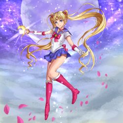 Rule 34 | 1girl, athenawyrm, back bow, bishoujo senshi sailor moon, blonde hair, blue eyes, blue sailor collar, blue skirt, boots, bow, cherry blossoms, choker, collarbone, double bun, floating hair, full body, full moon, gloves, hair ornament, holding, holding stick, knee boots, long hair, looking at viewer, magical girl, miniskirt, moon, pink footwear, pink neckwear, pleated skirt, sailor collar, sailor moon, sailor senshi uniform, shirt, short sleeves, skirt, smile, solo, stick, tiara, twintails, very long hair, white gloves, white shirt