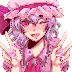 Rule 34 | 10s, 1girl, 2012, :d, bad id, bad pixiv id, dated, double v, fang, female focus, hat, lowres, new year, open mouth, pink eyes, purple hair, remilia scarlet, shisei (kyuushoku banchou), smile, solo, touhou, v