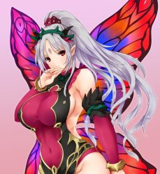 Rule 34 | 1girl, ashita yaru, bare shoulders, breasts, butterfly wings, commentary request, detached sleeves, facial mark, fire emblem, fire emblem heroes, forehead mark, gradient background, grey hair, groin, hairband, hand up, insect wings, large breasts, long hair, looking at viewer, nintendo, pink background, plumeria (fire emblem), pointy ears, ponytail, red eyes, sideboob, solo, upper body, very long hair, wings