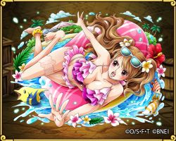 Rule 34 | 1girl, barefoot, beach, bikini, blush, breasts, brown hair, charlotte pudding, curvy, fish, large breasts, long hair, looking back, looking to the side, one piece, one piece: treasure cruise, open mouth, shiny skin, solo, sweat, swimsuit, thighhighs, thong bikini, twintails, water