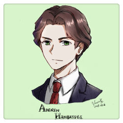 Rule 34 | 1boy, andrew hanbridge, blue jacket, brown hair, collared shirt, do it lara, green background, green eyes, hair intakes, jacket, lapels, little witch academia, male focus, necktie, notched lapels, red necktie, shirt, short hair, simple background, solo, white shirt