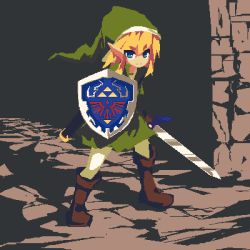 Rule 34 | 1boy, blonde hair, blue eyes, boots, closed mouth, hat, holding, holding sword, holding weapon, hylian shield, link, looking at viewer, master sword, nintendo, pants, pantyhose, pixel art, pointy ears, shield, sidelocks, solo, standing, sword, tea basira, the legend of zelda, the legend of zelda: ocarina of time, thick eyebrows, tunic, weapon