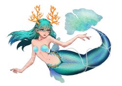 Rule 34 | 1girl, aqua hair, blue eyes, breasts, coral, coral horns, full body, hair between eyes, jewelry, long hair, mermaid, midriff, monster girl, navel, necklace, open mouth, original, pearl necklace, ponlichard, simple background, small breasts, solo, white background