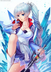 Rule 34 | 1girl, artist name, blue eyes, blue jacket, breasts, bug, butterfly, butterfly on hand, closed mouth, cropped jacket, dress, hair ornament, highres, holding, holding sword, holding weapon, ice crystal, insect, jacket, jewelry, knee up, kuraiaku, lips, long hair, looking at animal, medium breasts, myrtenaster, pendant, ponytail, red butterfly, rwby, scar, scar across eye, solo, sword, thighs, tiara, very long hair, wavy hair, weapon, weiss schnee, white dress, white hair