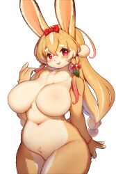 Rule 34 | 1girl, absurdres, animal ears, body fur, bow, breasts, brown fur, brown hair, furry, furry female, hair bobbles, hair ornament, highres, large breasts, long hair, looking at viewer, navel, no nipples, open mouth, original, plump, rabbit ears, rabbit girl, red bow, red eyes, simple background, smile, solo, white background, whooo-ya