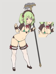 Rule 34 | 1girl, bikini, black footwear, bow, bowtie, breasts, bridal garter, cleavage, elf, frilled garter, front-tie bikini top, front-tie top, full body, gluteal fold, green bikini, green hair, grey background, hair between eyes, highres, houtengeki, looking at viewer, maid, maid headdress, mary janes, medium breasts, mop, multiple views, navel, original, pointy ears, purple eyes, red bow, red bowtie, shoes, short hair, short sleeves, short twintails, side-tie bikini bottom, simple background, small breasts, standing, stomach, swimsuit, thighhighs, twintails, white thighhighs, wrist cuffs