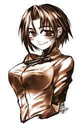 Rule 34 | 1girl, arms behind back, blush, breasts, bright pupils, brown theme, collared shirt, dated, grin, highres, kotoba noriaki, large breasts, looking at viewer, monochrome, neck ribbon, original, parted bangs, ribbon, shirt, short hair, signature, simple background, smile, solo, upper body, white background, wing collar