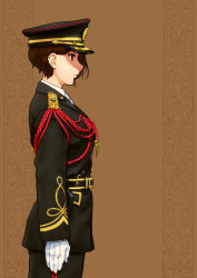 1girl belt brown_background brown_hair cowboy_shot epaulettes female_focus fourragere from_side genso gloves hat highres long_sleeves military military_uniform original peaked_cap profile red_eyes short_hair solo standing white_gloves