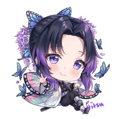 Rule 34 | 1girl, animal, artist name, big head, black hair, black jacket, black pants, blue butterfly, blush, bug, butterfly, butterfly hair ornament, chibi, closed mouth, commentary, flower, full body, gradient hair, hair ornament, hitsukuya, insect, jacket, katana, kimetsu no yaiba, kochou shinobu, long sleeves, looking at viewer, multicolored hair, open clothes, pants, parted bangs, purple eyes, purple flower, purple hair, sheath, sheathed, shoe soles, signature, simple background, smile, solo, sword, weapon, white background, wide sleeves