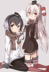 Rule 34 | 10s, 2girls, amatsukaze (kancolle), black hair, breath, brown eyes, dress, gloves, gradient hair, hairband, highres, kantai collection, long hair, looking at viewer, multicolored hair, multiple girls, okomeito, sailor dress, scarf, school uniform, serafuku, shared clothes, shared scarf, short hair, silver hair, smile, tokitsukaze (kancolle), two side up