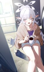Rule 34 | 1girl, absurdres, blue archive, blunt bangs, blush, cake, cake slice, camisole, coffee, collarbone, commentary, cup, fingernails, food, fork, halo, highres, himari (blue archive), holding, holding cup, holding fork, looking to the side, nail polish, on floor, open mouth, parted bangs, plate, pointy ears, ponytail, purple camisole, purple eyes, purple nails, short shorts, shorts, sitting, solo, sparkling aura, symbol-only commentary, white hair, white halo, white shorts, zanya 000