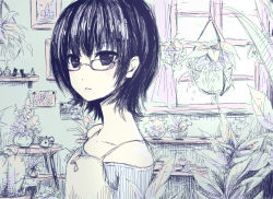 Rule 34 | 1girl, bad id, bad pixiv id, bare shoulders, black hair, clock, expressionless, flower, flower pot, glasses, head tilt, kaden (kuzek), looking at viewer, monochrome, open mouth, original, painting (object), photo (object), plant, polychromatic, ribbed shirt, ribbon, shiny skin, shirt, short hair, sketch, solo, strapless, strapless shirt, table, wallpaper, window