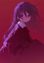 Rule 34 | 1girl, black dress, closed mouth, commentary request, dress, expressionless, from side, hair between eyes, highres, long hair, long sleeves, looking at viewer, original, potg (piotegu), purple hair, red background, red eyes, red theme, signature, simple background, solo