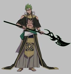 Rule 34 | 1boy, abs, absurdres, commentary request, earrings, facial mark, fingernails, forehead mark, full body, green hair, grey background, grey nails, grin, head tilt, highres, holding, holding weapon, jewelry, looking at viewer, male focus, nail polish, original, pants, pelvic curtain, polearm, samei ikusa, sandals, sharp fingernails, simple background, smile, solo, weapon, yellow eyes