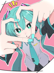 Rule 34 | 1girl, :o, aqua eyes, aqua hair, aqua nails, aqua necktie, black skirt, black sleeves, bright pupils, commentary, detached sleeves, fingernails, hair between eyes, hatsune miku, heart, heart hands, ixy, long hair, looking at viewer, nail polish, necktie, notice lines, pink background, simple background, skirt, solo, twintails, two-tone background, vocaloid, white background, white pupils