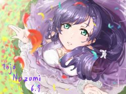 Rule 34 | 1girl, artist name, artist request, blue feathers, blush, breasts, cleavage, collarbone, dress, feathers, female focus, green eyes, hair ornament, hair scrunchie, highres, long hair, looking at viewer, looking up, love live!, love live! school idol project, parted lips, purple dress, purple hair, red feathers, scrunchie, small breasts, smile, solo, tojo nozomi, twintails, white scrunchie, yellow feathers