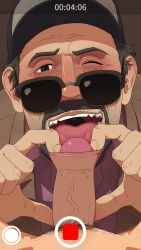 Rule 34 | 2boys, ace visconti, bara, beard, camera, dead by daylight, facial hair, fellatio, foreskin, foreskin pull, hat, highres, licking, male focus, multiple boys, old, old man, one eye closed, open mouth, oral, penis, recording, smith (ardp13), sunglasses, tagme, tongue, wink, yaoi