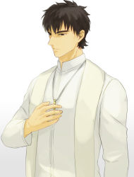Rule 34 | 1boy, bad id, bad pixiv id, brown eyes, brown hair, cross, cross necklace, fate/zero, fate (series), jewelry, kotomine kirei, male focus, necklace, sake (kadai), solo, stole