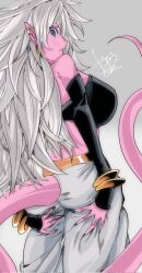 Rule 34 | 1girl, android 21, ass, ass grab, blue eyes, blush, bracelet, breasts, colored skin, dragon ball, dragon ball fighterz, earrings, elbow gloves, fingerless gloves, gloves, grabbing own ass, grabbing own thigh, grey background, harem pants, jewelry, kinakomochi (user vedc2333), large breasts, long hair, looking back, majin android 21, pants, pink skin, pointy ears, simple background, solo, tail, white hair