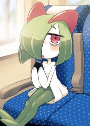 Rule 34 | bags under eyes, car seat, colored skin, creatures (company), eating, food, game freak, gen 3 pokemon, green hair, hair over one eye, highres, holding, holding food, horns, ino (tellu0120), kirlia, looking at viewer, multicolored skin, nintendo, open mouth, pink eyes, pokemon, pokemon (creature), sidelocks, sitting, two-tone skin, white skin, window