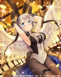 Rule 34 | 1girl, angel wings, animal ears, armpits, black gloves, black pantyhose, blue eyes, blush, breasts, cleavage, collar, cross, cross necklace, fake animal ears, fake tail, falkyrie no monshou, gloves, jewelry, large breasts, leotard, looking at viewer, natsumekinoko, necklace, official art, pantyhose, playboy bunny, rabbit ears, rabbit tail, short hair, silver hair, smile, solo, tail, wings
