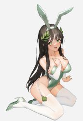 Rule 34 | 1girl, absurdres, animal ears, bare shoulders, black survival, breasts, brown hair, cleavage, collarbone, fake animal ears, green eyes, gweon sua, hair ornament, hand on own chest, high heels, highres, large breasts, leaf hair ornament, leotard, long hair, looking at viewer, open mouth, playboy bunny, playboy bunny, rabbit ears, simple background, solo, thighhighs, tunamayo (dsasd751), very long hair, white background