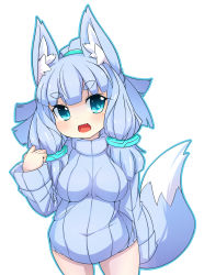 Rule 34 | 1girl, animal ears, belly, blue eyes, blue hair, blush, breasts, eyebrows, fox ears, fox tail, highres, kedamaton, kogetsu tooka, looking at viewer, matching hair/eyes, medium breasts, open mouth, original, plump, ribbed sweater, simple background, smile, solo, sweater, tail