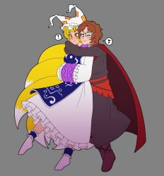 Rule 34 | !, 1boy, 1girl, aimturein, animal hat, blonde hair, brown footwear, brown hair, cape, closed eyes, closed mouth, commentary, commission, dress, english commentary, fox tail, full body, glasses, grey background, hands in opposite sleeves, hat, highres, hug, long sleeves, mob cap, multiple tails, musical note, mob cap, red cape, short hair, simple background, smile, spoken exclamation mark, spoken musical note, tabard, tail, touhou, white dress, white footwear, white headwear, yakumo ran, yellow eyes