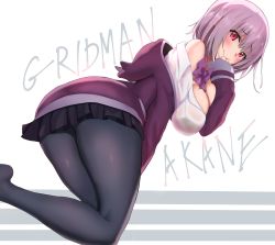 Rule 34 | 10s, 1girl, akatsuki ikki, animal hood, ass, bare shoulders, black pantyhose, black skirt, blush, bow, breasts, character name, collared shirt, copyright name, dress shirt, from behind, gridman universe, hand to own mouth, highres, hood, hooded jacket, jacket, kneeling, large breasts, light purple hair, long sleeves, looking at viewer, looking back, miniskirt, off shoulder, open clothes, open shirt, pantyhose, pleated skirt, purple bow, purple jacket, red eyes, shinjou akane, shirt, skirt, sleeves past wrists, smile, solo, ssss.gridman, thighs, white shirt