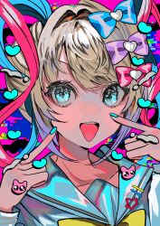 Rule 34 | 1girl, :d, absurdres, blonde hair, blue bow, blue eyes, blue hair, blue nails, blue shirt, blush, bow, chouzetsusaikawa tenshi-chan, colorful, commentary request, fingers to cheeks, glitch, hair bow, hair ornament, hands up, heart, heart hair ornament, highres, long hair, long sleeves, looking at viewer, momae makku, multicolored hair, nail polish, needy girl overdose, open mouth, pien cat (needy girl overdose), pink bow, pink hair, purple bow, quad tails, sailor collar, shirt, smile, solo, twintails, upper body, yellow bow
