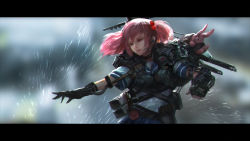 Rule 34 | 10s, 1girl, bacius, blue sky, blurry, rabbit, depth of field, fingerless gloves, foreshortening, gloves, hair bobbles, hair ornament, headset, holding, holding weapon, kantai collection, letterboxed, mechanical, ocean, outstretched arm, parted lips, pink eyes, pink hair, realistic, rigging, sailor collar, sazanami (kancolle), school uniform, serafuku, shadow, shirt, short sleeves, sidelocks, skirt, sky, solo, spray, sunlight, turret, twintails, upper body, weapon, white shirt