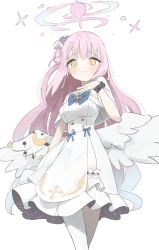 Rule 34 | 1girl, absurdres, ainkun, angel wings, blue archive, blue bow, bow, capelet, commentary request, dress, flower, frilled dress, frills, hair bun, hair flower, hair ornament, halo, hand on own chest, highres, long hair, looking at viewer, low wings, mika (blue archive), pantyhose, pink hair, scrunchie, single hair bun, solo, very long hair, white capelet, white dress, white pantyhose, white wings, wings, wrist scrunchie, yellow eyes