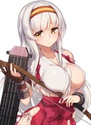 Rule 34 | 10s, 1girl, bad id, bad pixiv id, bow (weapon), breasts, collarbone, fingerless gloves, gloves, hairband, hakama, hakama short skirt, hakama skirt, headband, holding, holding weapon, japanese clothes, kantai collection, large breasts, long hair, looking at viewer, muneate, pokoten (pokoten718), shoukaku (kancolle), simple background, skirt, solo, torn clothes, underboob, upper body, weapon, white hair, yellow eyes